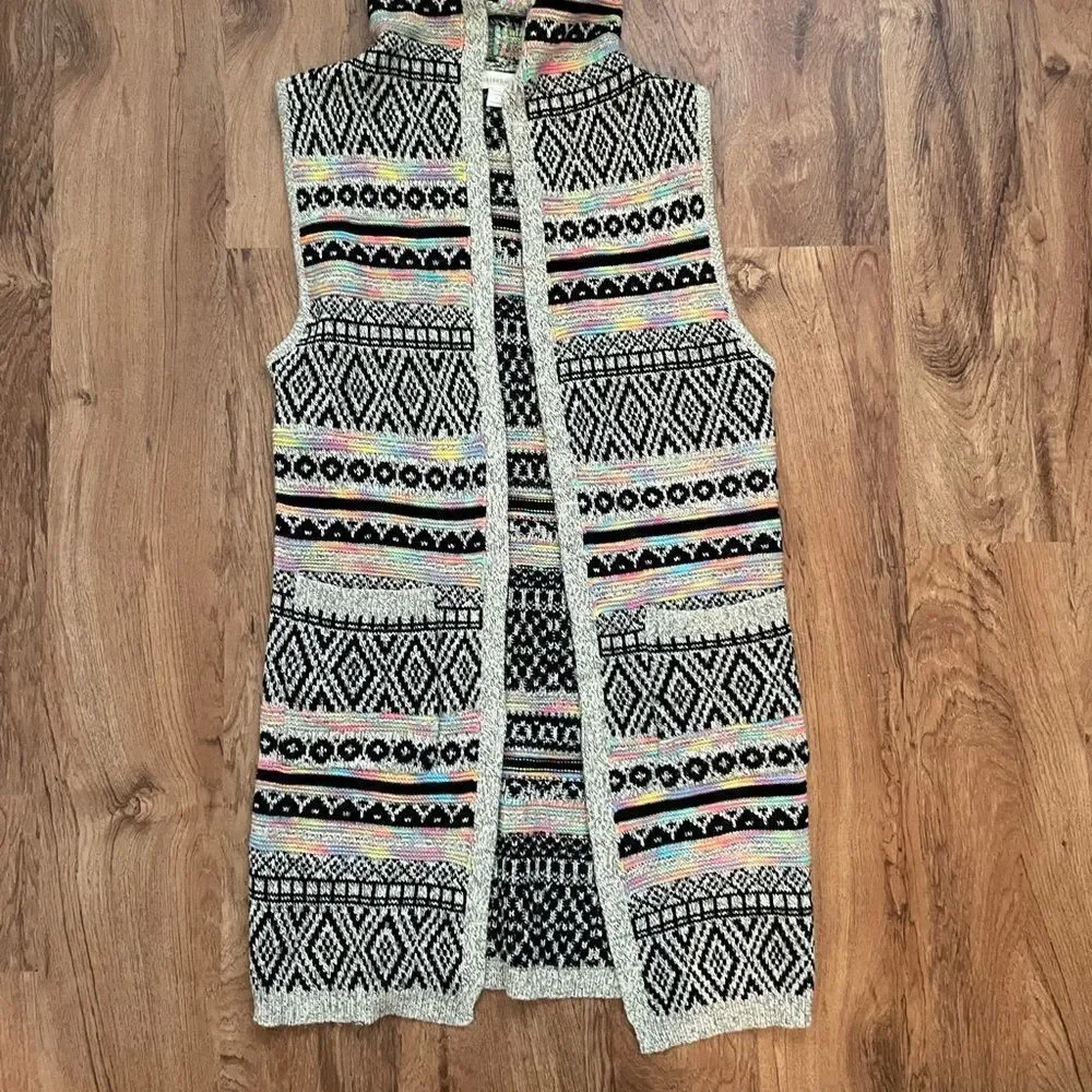 Monteau Multicolor Hooded Sleeveless Open Cardigan Knit Sz S‎